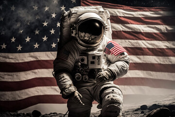 Wall Mural - cosmonaut or astronaut in a spacesuit on the moon surface with the american flag. moon landing usa f