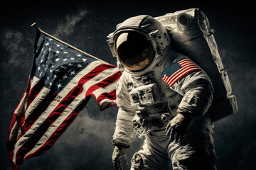 Wall Mural - cosmonaut or astronaut in a spacesuit on the moon surface with the american flag. moon landing usa f