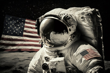 Wall Mural - cosmonaut or astronaut in a spacesuit on the moon surface with the american flag. moon landing usa f