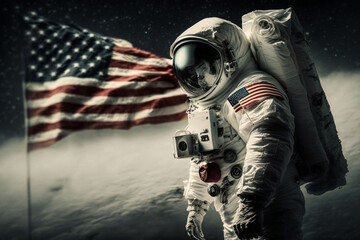 Wall Mural - cosmonaut or astronaut in a spacesuit on the moon surface with the american flag. moon landing usa f