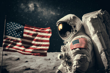 Cosmonaut or astronaut in a spacesuit on the moon surface with the American flag. Moon landing Usa flag space and science exploration symbol. Ai generated