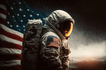 Wall Mural - cosmonaut or astronaut in a spacesuit on the moon surface with the american flag. moon landing usa f