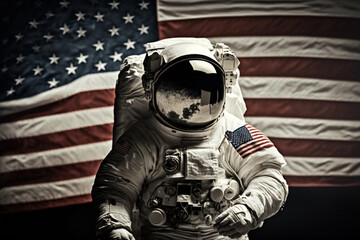 Wall Mural - cosmonaut or astronaut in a spacesuit on the moon surface with the american flag. moon landing usa f