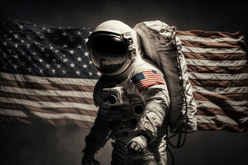 Wall Mural - cosmonaut or astronaut in a spacesuit on the moon surface with the american flag. moon landing usa f