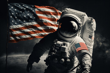 Wall Mural - cosmonaut or astronaut in a spacesuit on the moon surface with the american flag. moon landing usa f