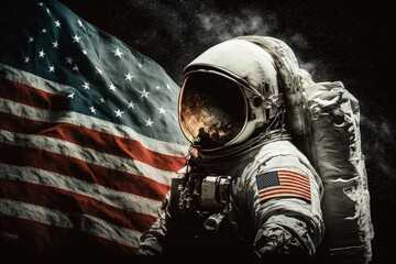Wall Mural - cosmonaut or astronaut in a spacesuit on the moon surface with the american flag. moon landing usa f