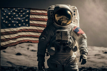Wall Mural - cosmonaut or astronaut in a spacesuit on the moon surface with the american flag. moon landing usa f