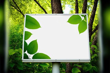 Canvas Print - Wide white blank billboard mockup framed by leaves among trees, created with generative ai