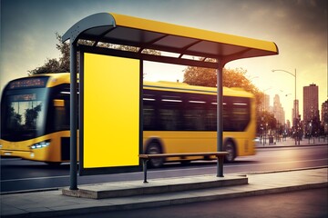 Sticker - Bus stop with blank billboard mockup and rooftop bench, created with generative ai