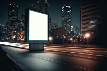 Sticker - Vertical blank billboard mockup with illuminated screen on street of city at night, created with generative ai