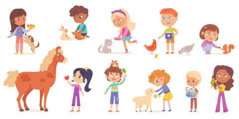 Wall Mural - Kids feed and love animals set, cute boys and girls holding pet food and feeding friends