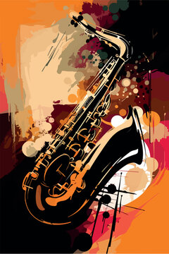 Wall Mural -  - Jazz poster of saxophone. Abstract vector illustration of musical instrument. Colorful performance of musician. Modern flyer drawing of saxophonist player. Concert jazzy music Live entertainment event