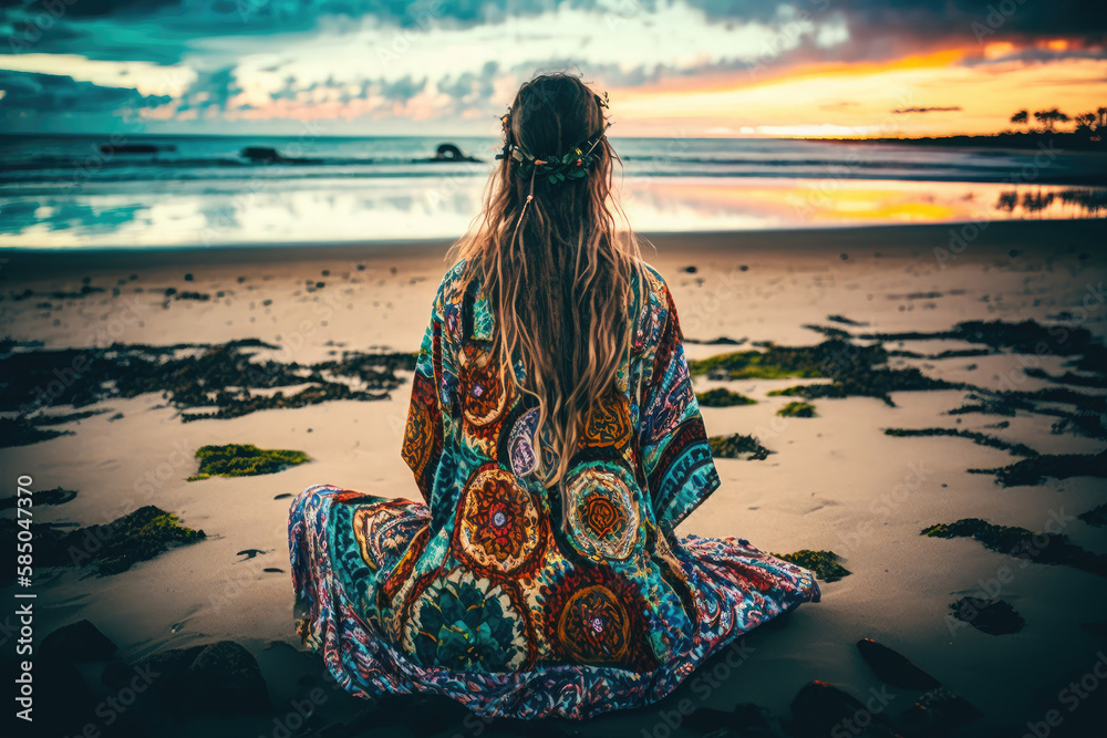 Yoga concept with back view woman sitting in lotus pose against starry ...
