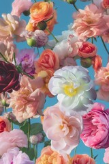 Wall Mural - Spring background, flat lay concept of fresh Spring flowers vivid colors on a pastel blue background. Field flowers, roses and leaves. Generative AI.