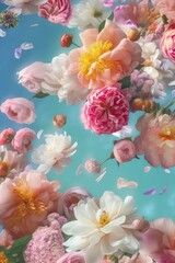 Wall Mural - Spring background, flat lay concept of fresh Spring flowers vivid colors on a pastel blue background. Field flowers, roses and leaves. Generative AI.