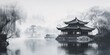 Beautiful winter scenery in Chinese traditional sytle. With pavilions on the lake. Created by Generative AI technology.
