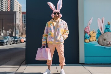 Wall Mural - Abstract futuristic Easter concept, fashion modern raincoat with bunny ears on young cute rabbit girl. Trendy colors, eccentric style. Generative AI.