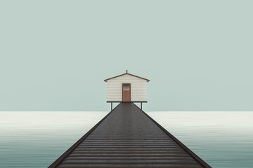 Poster - Fisherman's Minimalistic Sea House with a Wooden Pedestrian Bridge. 3d Rendering