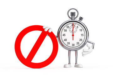 Aufkleber - Modern Stopwatch Cartoon Person Character Mascot with Red Prohibition or Forbidden Sign. 3d Rendering