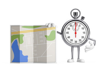 Poster - Modern Stopwatch Cartoon Person Character Mascot with Abstract City Plan Map. 3d Rendering
