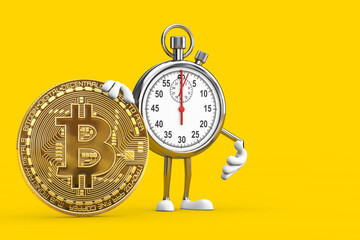 Poster - Modern Stopwatch Cartoon Person Character Mascot with Cryptocurrency Golden Bitcoin Coin. 3d Rendering