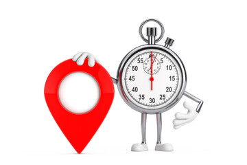 Fototapete - Modern Stopwatch Cartoon Person Character Mascot with Red Target Map Pointer Pin. 3d Rendering