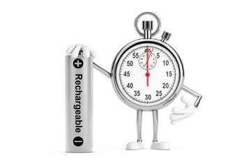 Poster - Modern Stopwatch Cartoon Person Character Mascot with Rechargeable Battery. 3d Rendering