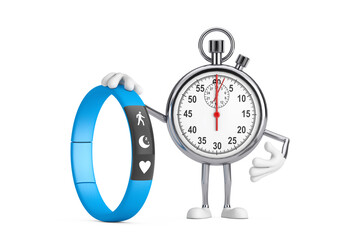 Poster - Modern Stopwatch Cartoon Person Character Mascot with Blue Fitness Tracker. 3d Rendering