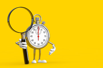 Poster - Modern Stopwatch Cartoon Person Character Mascot with Magnifying Glass. 3d Rendering