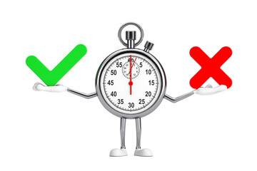 Aufkleber - Modern Stopwatch Cartoon Person Character Mascot with Red Cross and Green Check Mark, Confirm or Deny, Yes or No Icon Sign. 3d Rendering