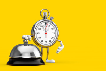 Poster - Modern Stopwatch Cartoon Person Character Mascot with Hotel Service Bell Call. 3d Rendering