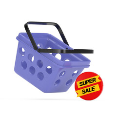 Poster - Blue Cartoon Minimal Style Grocery Shopping Basket with Super Sale Icon Sign. 3d Rendering
