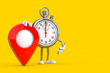 Fototapete - Modern Stopwatch Cartoon Person Character Mascot with Red Target Map Pointer Pin. 3d Rendering