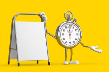 Poster - Modern Stopwatch Cartoon Person Character Mascot with White Blank Advertising Promotion Stand. 3d Rendering