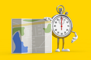 Poster - Modern Stopwatch Cartoon Person Character Mascot with Abstract City Plan Map. 3d Rendering