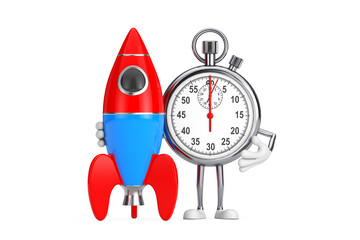 Leinwandbilder - Modern Stopwatch Cartoon Person Character Mascot with Cartoon Toy Rocket. 3d Rendering