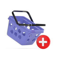 Poster - Blue Cartoon Minimal Style Grocery Shopping Basket with Add To Cart Red Plus Icon. 3d Rendering