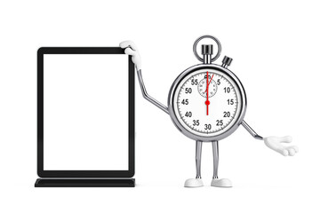 Poster - Modern Stopwatch Cartoon Person Character Mascot with Blank Trade Show LCD Screen Display Stand as Template for Your Design. 3d Rendering