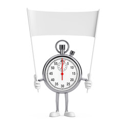Poster - Modern Stopwatch Cartoon Person Character Mascot and Empty White Blank Banner with Free Space for Your Design. 3d Rendering