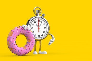 Poster - Modern Stopwatch Cartoon Person Character Mascot with Big Strawberry Pink Glazed Donut. 3d Rendering
