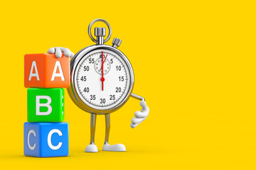 Poster - Modern Stopwatch Cartoon Person Character Mascot with Alphabet ABC Education Cubes. 3d Rendering