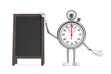 Poster - Modern Stopwatch Cartoon Person Character Mascot with Blank Wooden Menu Blackboards Outdoor Display. 3d Rendering