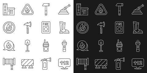 Sticker - Set line Emergency call, Flashlight, Fire boots, Hammer, Firefighter axe, No fire, Building of station and alarm system icon. Vector