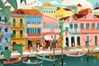 Vibrant illustration of Recife's historic center, featuring colorful colonial buildings, Capibaribe River, lively street vendors, and boats. generative ai