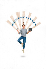Poster - Vertical photo collage of funny worker guy manage time productivity efficiency deal every all tasks hold netbook clock coffee