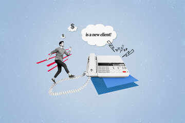 Poster - Customer service conceptual collage hotline operator guy running to big retro telephone answer call technical support landline