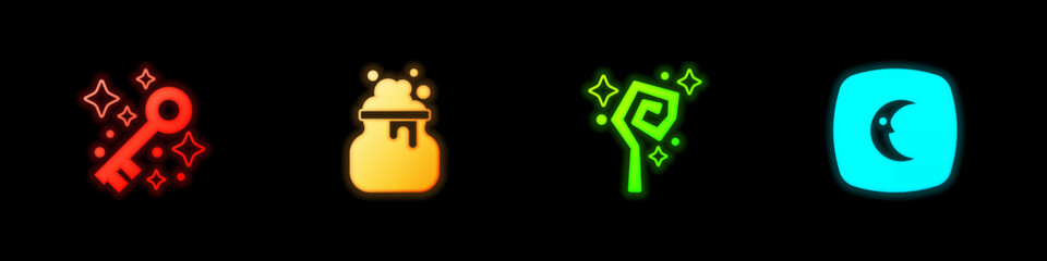 Sticker - Set Old magic key, Witch cauldron, Magic staff and Moon and stars icon. Vector