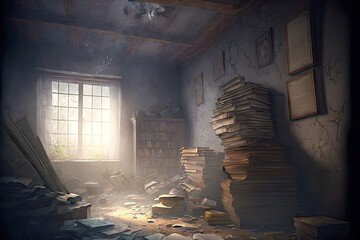 Wall Mural - Gloomy abandoned house with dusty windows and stacks of old books on floor, created with generative ai