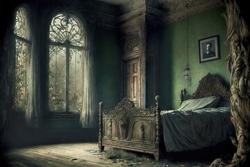 Sticker - Old dusty bedroom with beautiful antique bed in abandoned house, created with generative ai