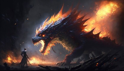 Fire breathes explode from a giant dragon in a black night, the epic battle evil - concept art (ai generated)